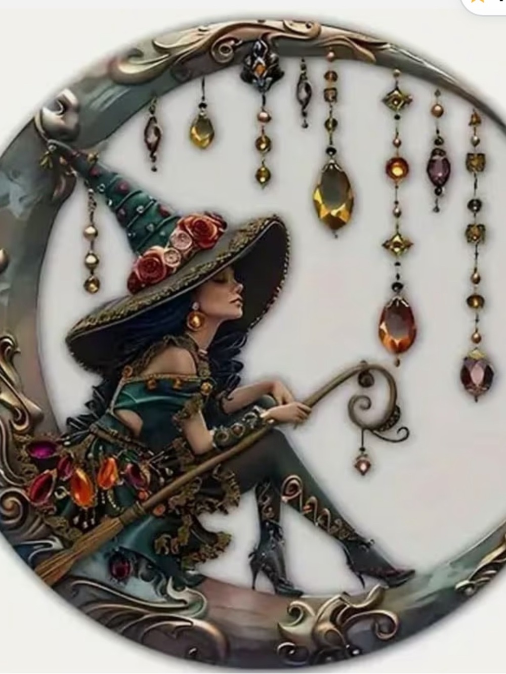Witch on Crescent Moon Window Decor - Green and Gold B27 - Picture 2 of 8